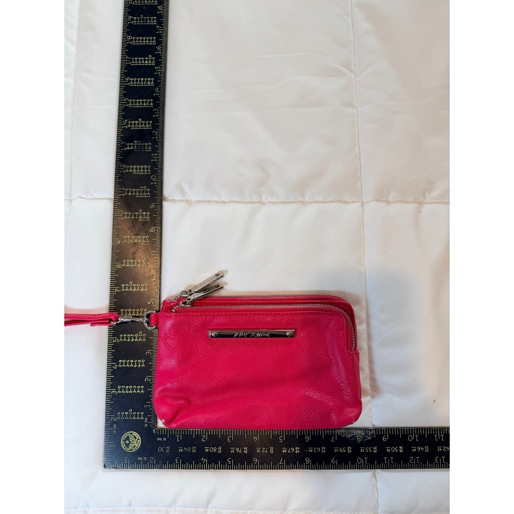 Betsey Johnson Pink Heart Embossed Faux Leather Double Zip Wristlet Pouch